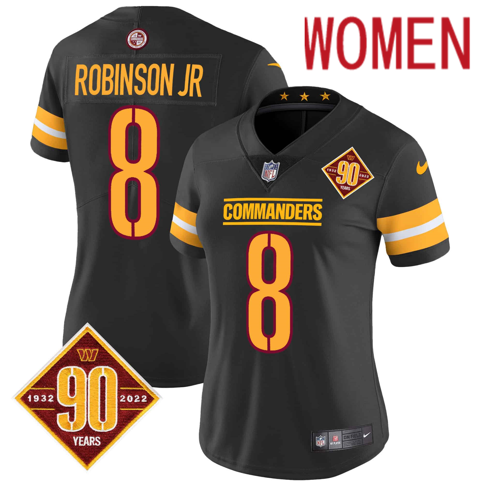 Women Washington Commanders 8 Robinson jr Black 90th Anniversary Patch 2024 Nike Vapor Limited NFL Jersey style 1